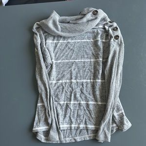 Grey and white stripped sweater, mock neck and button designs